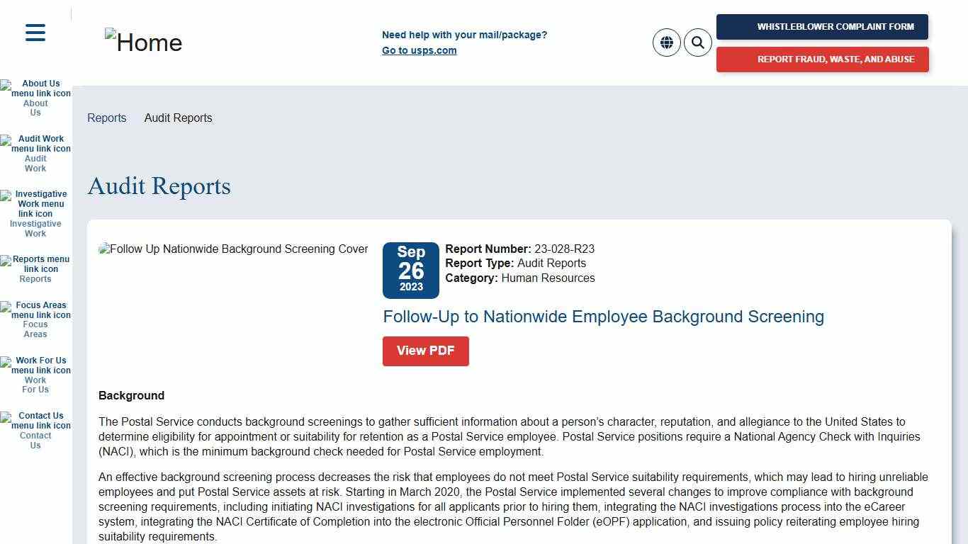 Follow-Up to Nationwide Employee Background Screening Office of Inspector General OIG