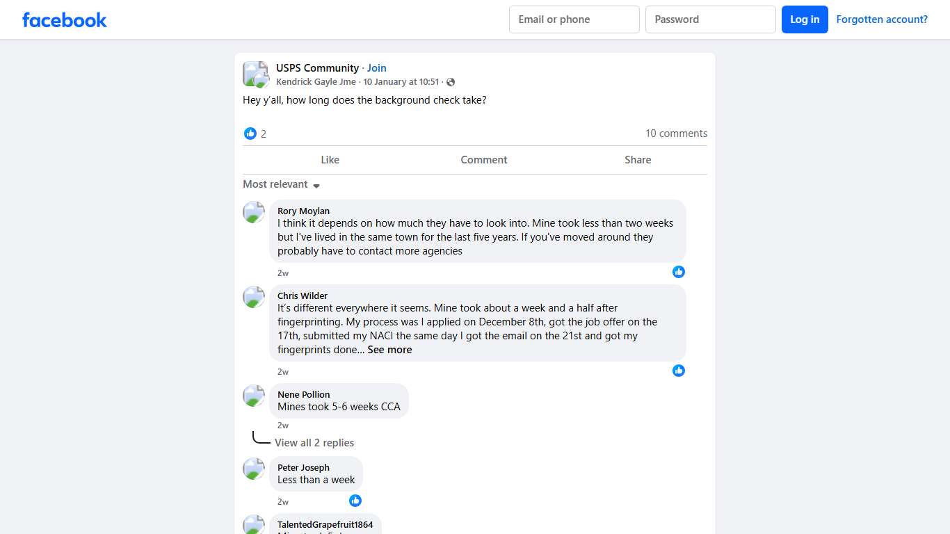 USPS Community Hey y’all, how long does the background check take Facebook