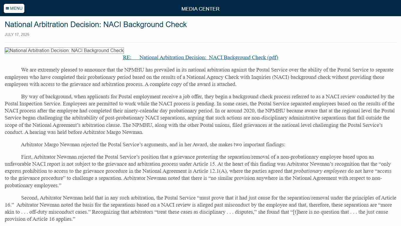 National Arbitration Decision: NACI Background Check National Postal Mail Handlers Union